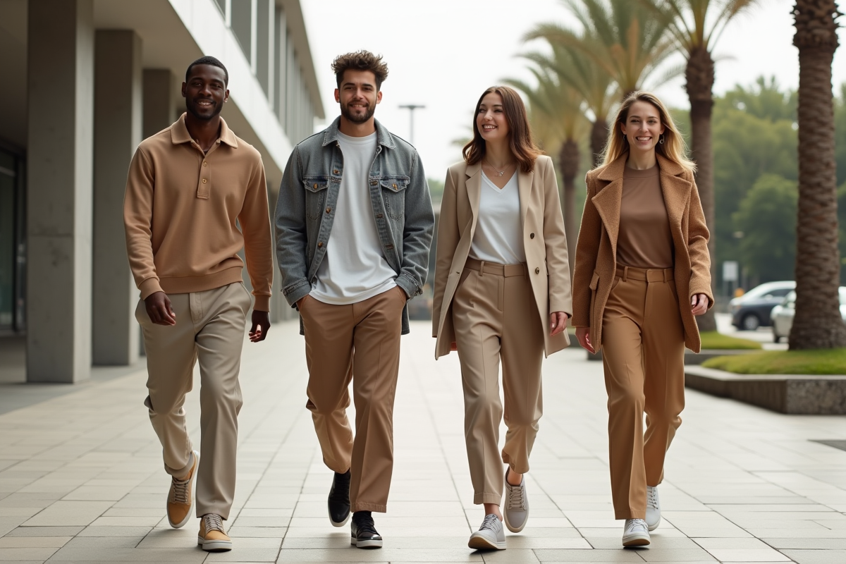 Groupe de modèles portant la nouvelle collection en ville