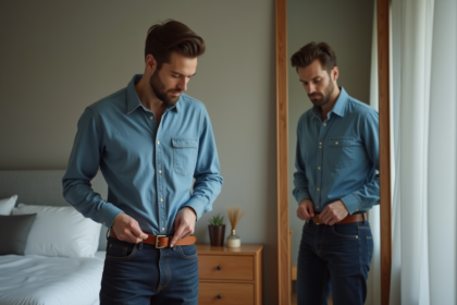 Homme ajustant sa ceinture dans une chambre moderne