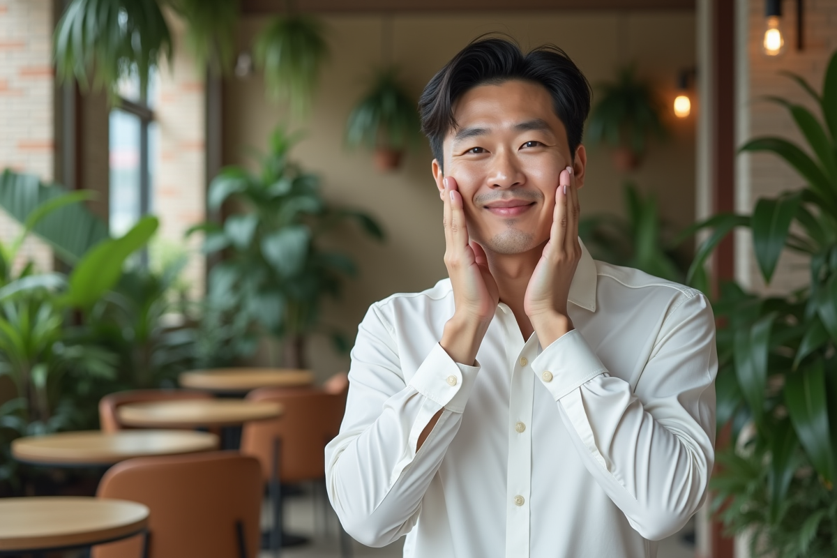 Homme coréen appliquant une essence dans un café botanique