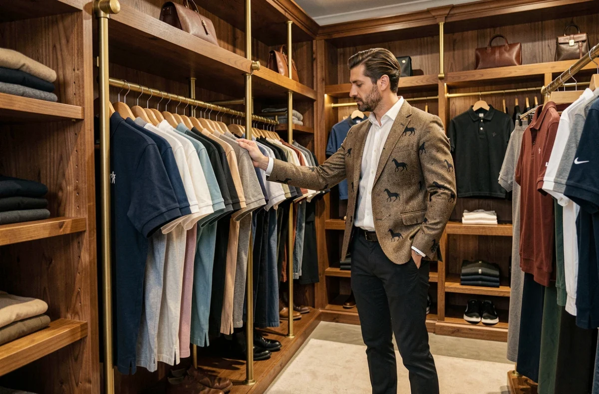 Homme en blazer tweed style équestre explorant une boutique de luxe proposant des alternatives au style Ralph Lauren avec cheval