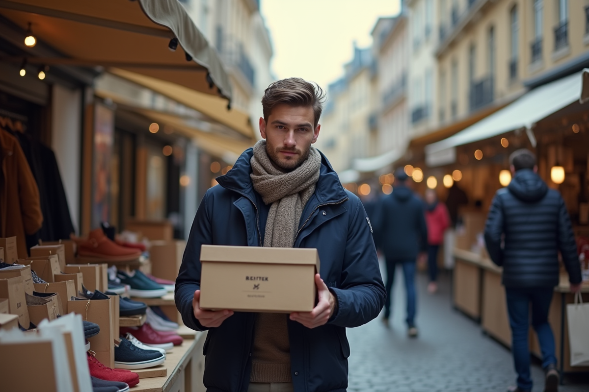 Homme avec chaussure dans marché urbain français