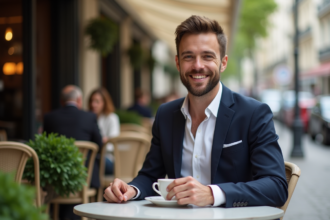 Homme souriant buvant un café dans un café parisien