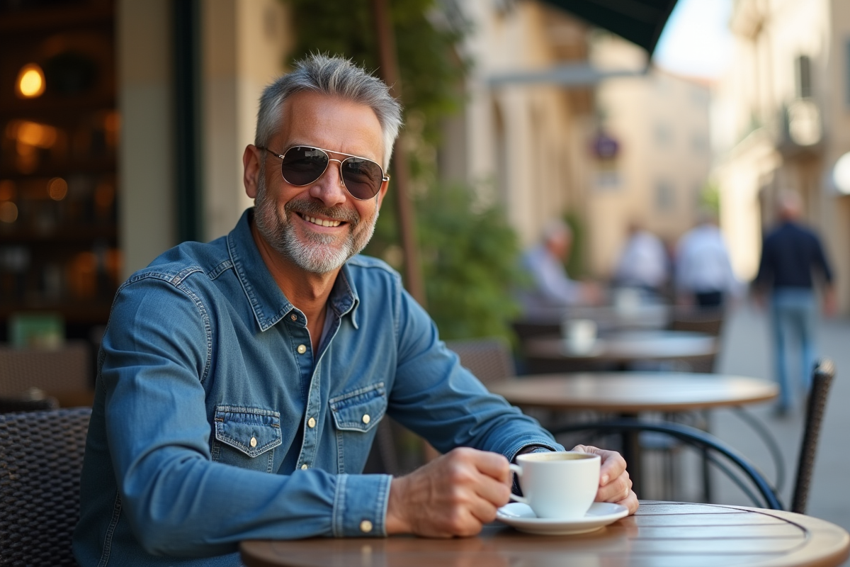 Homme souriant avec lunettes aviateur au café en ville