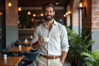 Homme moderne avec barbe dans un café urbain