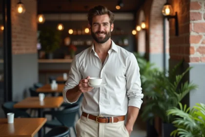 Homme moderne avec barbe dans un café urbain