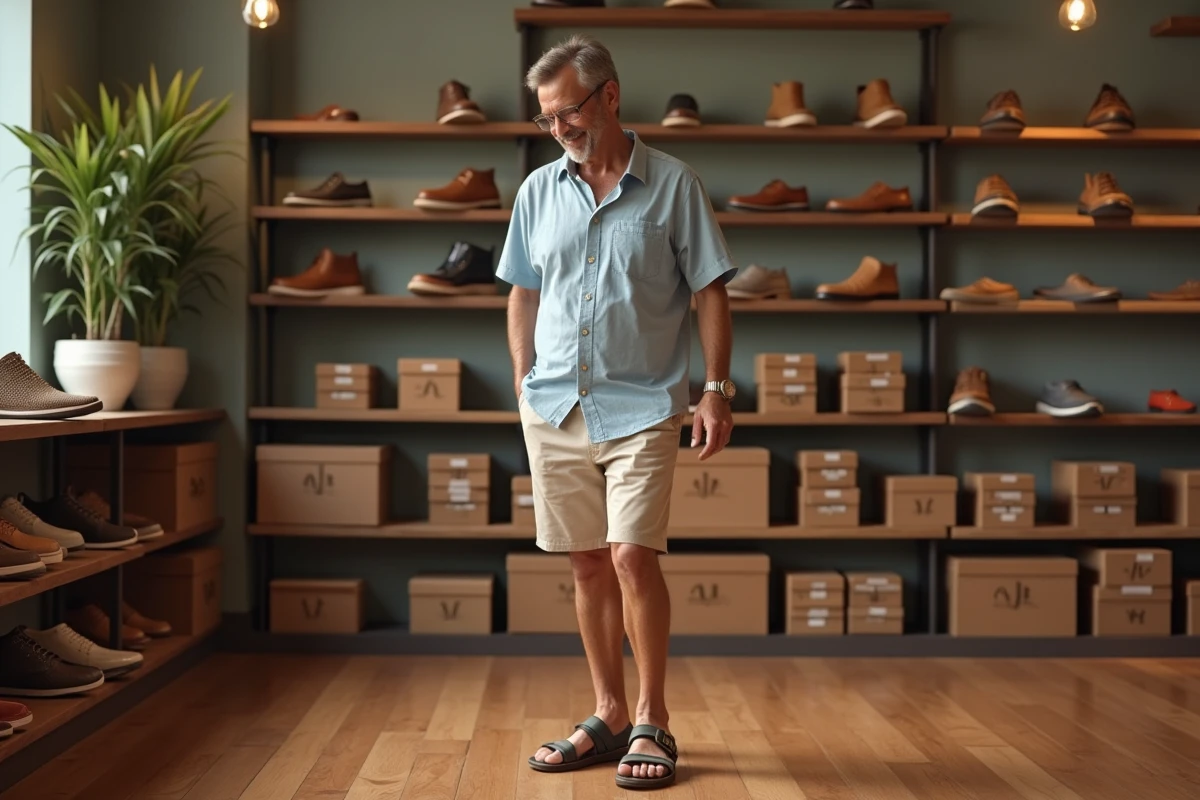 Homme essayant des sandales dans une boutique chaleureuse