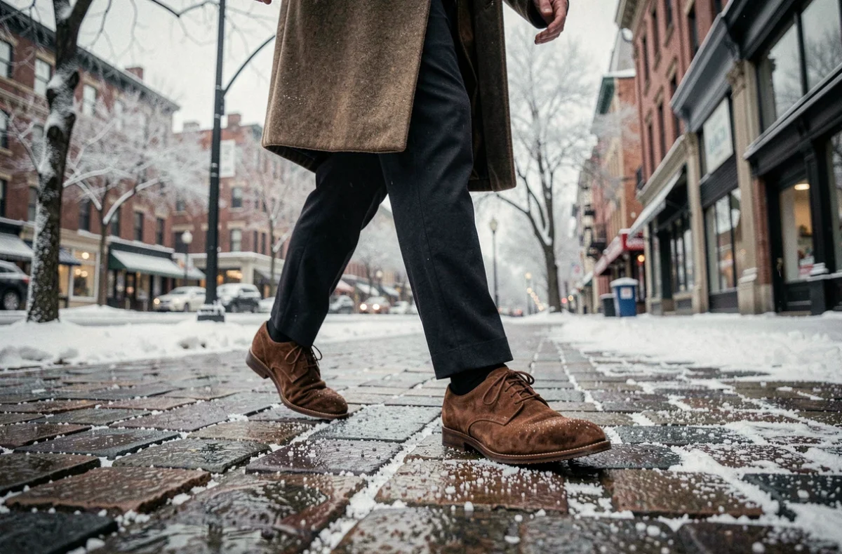 Homme en manteau de laine marchant sur des pavés mouillés et salés en hiver avec des chaussures derby en daim marron bien entretenues