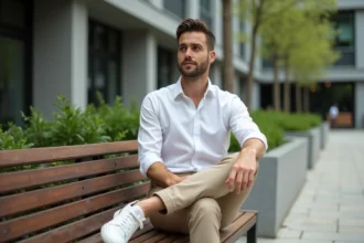 Homme élégant en chinos beige dans un parc urbain