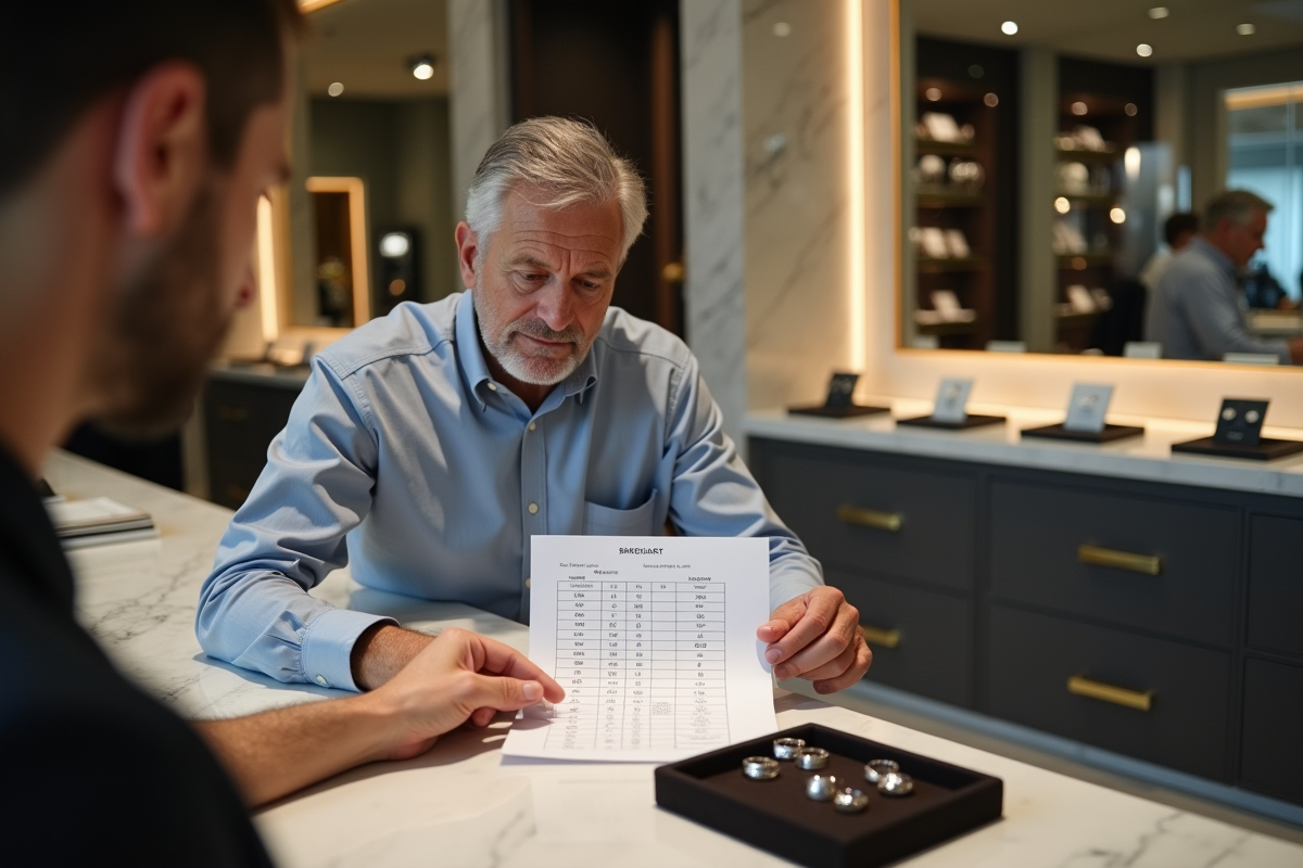 Homme examinant un guide de taille de bagues en boutique