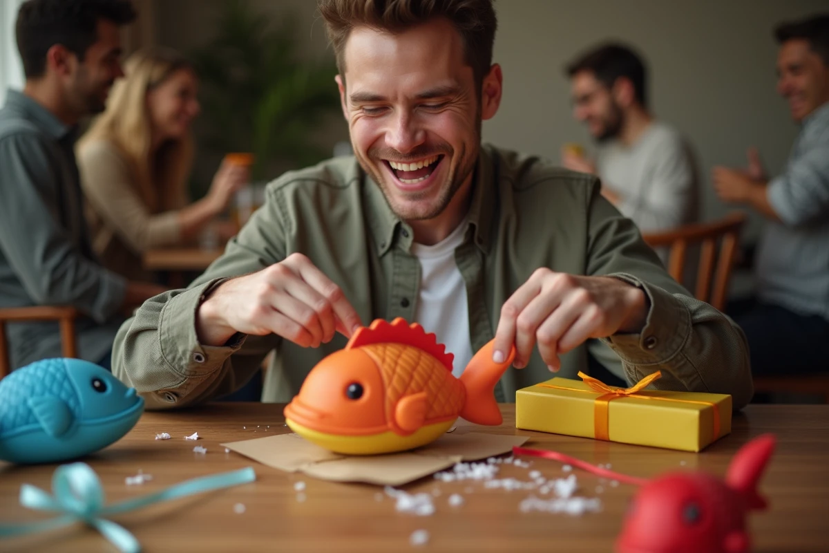 Homme surpris découvrant une claquette poisson comme cadeau drôle lors d'un anniversaire entre amis