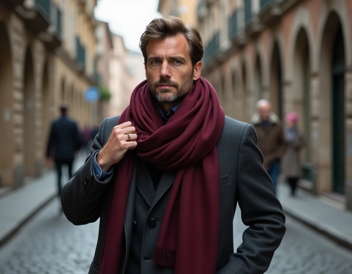 Homme portant une écharpe en pashmina bordeaux et un manteau en laine dans une rue pavée européenne en automne