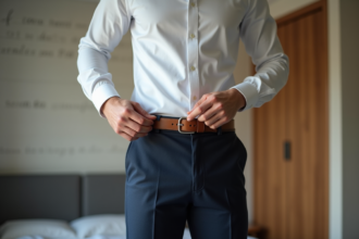 Homme élégant ajustant sa ceinture en cuir dans une chambre moderne