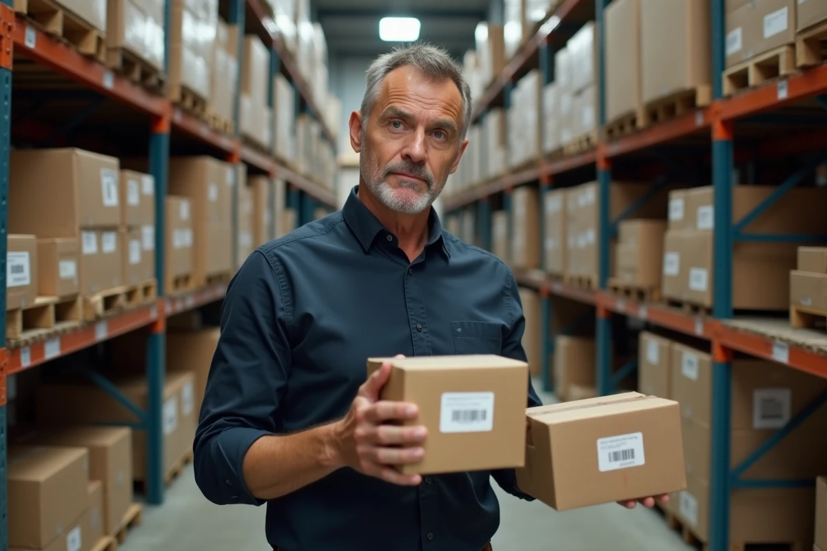 Homme dans un entrepôt comparant deux boîtes de produits génériques sans marque connue, représentant le concept de marque sonstige en marketplace