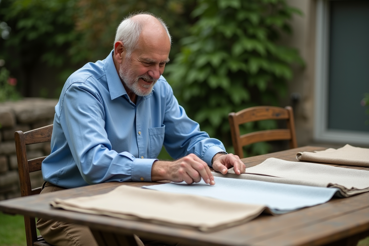 Homme âgé examinant des échantillons de tissus dans un jardin