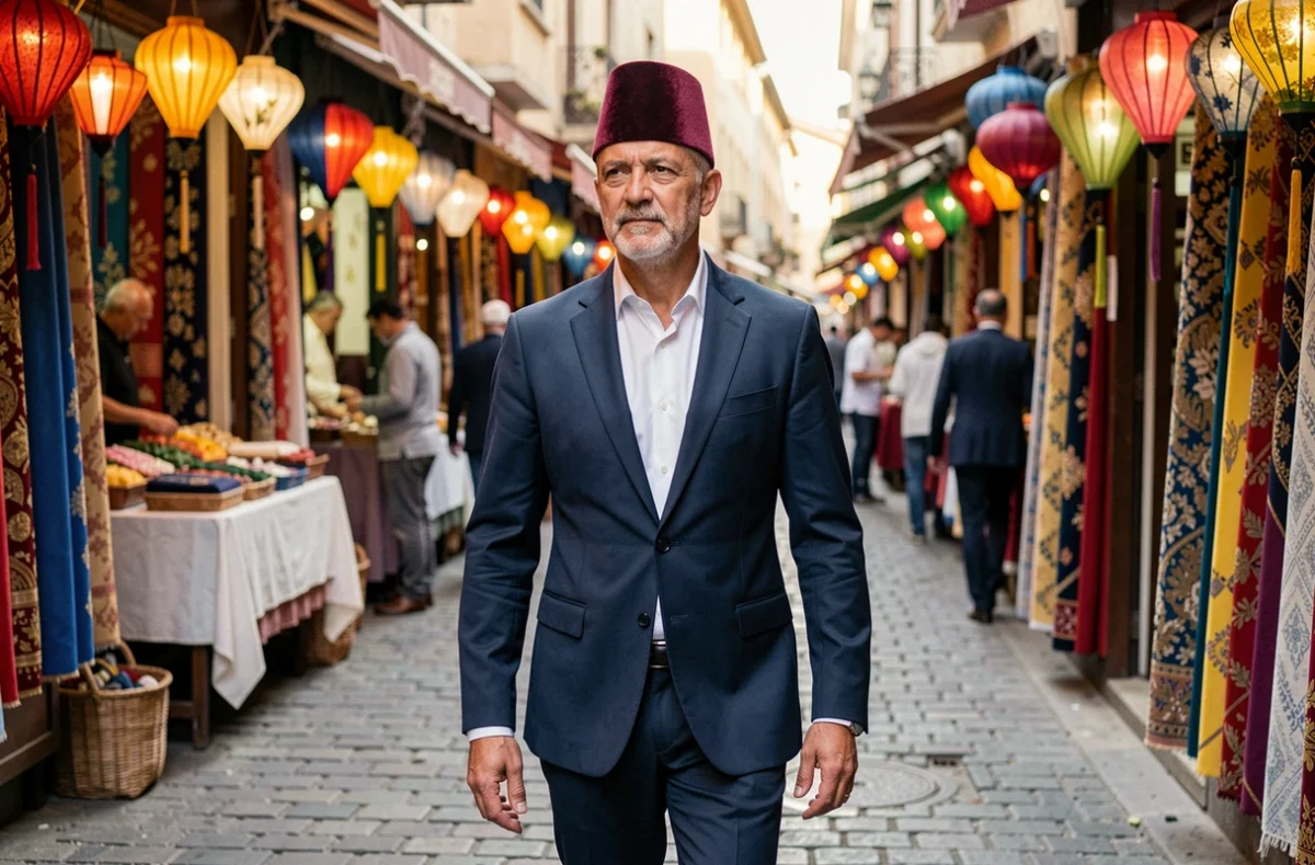 Homme élégant portant un fez bordeaux avec un costume bleu marine dans un bazar animé