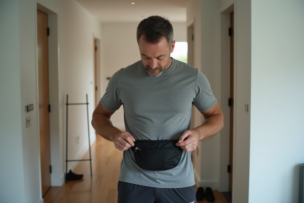 Homme middleaged ajustant un sac ventral devant son appartement