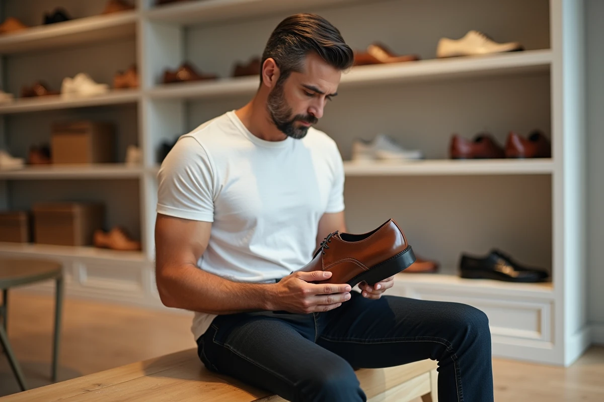 Homme tenant une grande chaussure en cuir dans un magasin minimaliste, comparant les pointures UK et européennes