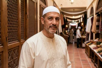 Homme portant un kufi blanc et une djellaba brodée dans un souk traditionnel