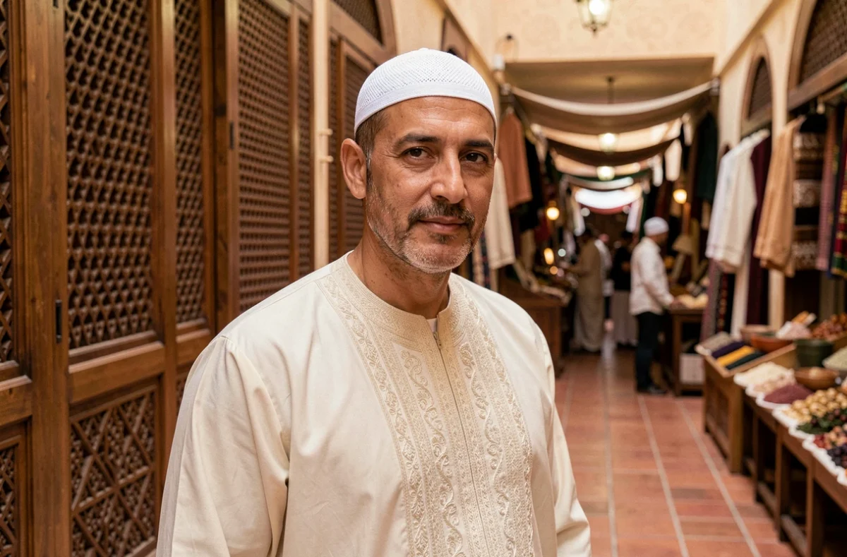 Homme portant un kufi blanc et une djellaba brodée dans un souk traditionnel