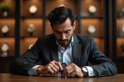 Homme élégant examinant une montre de luxe dans une boutique