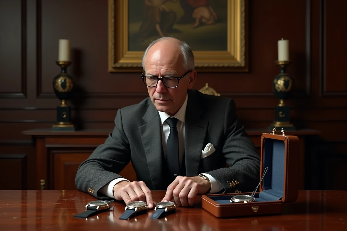 Homme élégant examinant des montres de luxe dans un salon privé