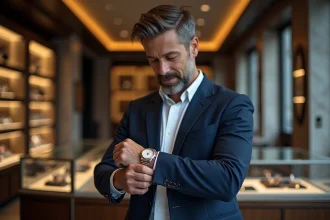 Homme en blazer marine examinant une montre Rolex en acier dans une boutique horlogère suisse haut de gamme