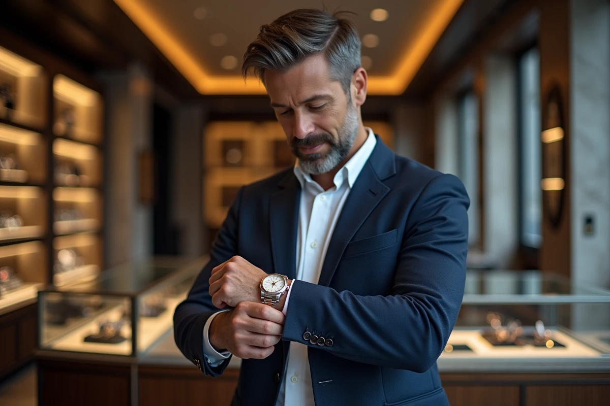 Homme en blazer marine examinant une montre Rolex en acier dans une boutique horlogère suisse haut de gamme