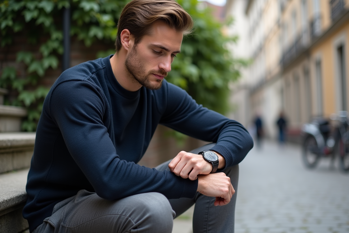 Jeune homme ajustant une montre en plein air dans une rue européenne