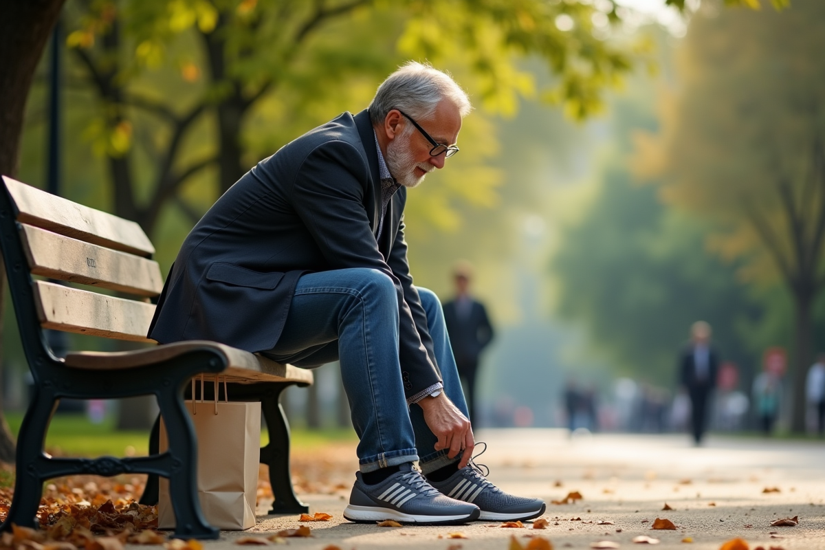 Homme essayant des chaussures de course sur un banc de parc