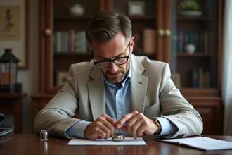 Homme d'âge moyen examinant une montre avec loupe dans un bureau chaleureux