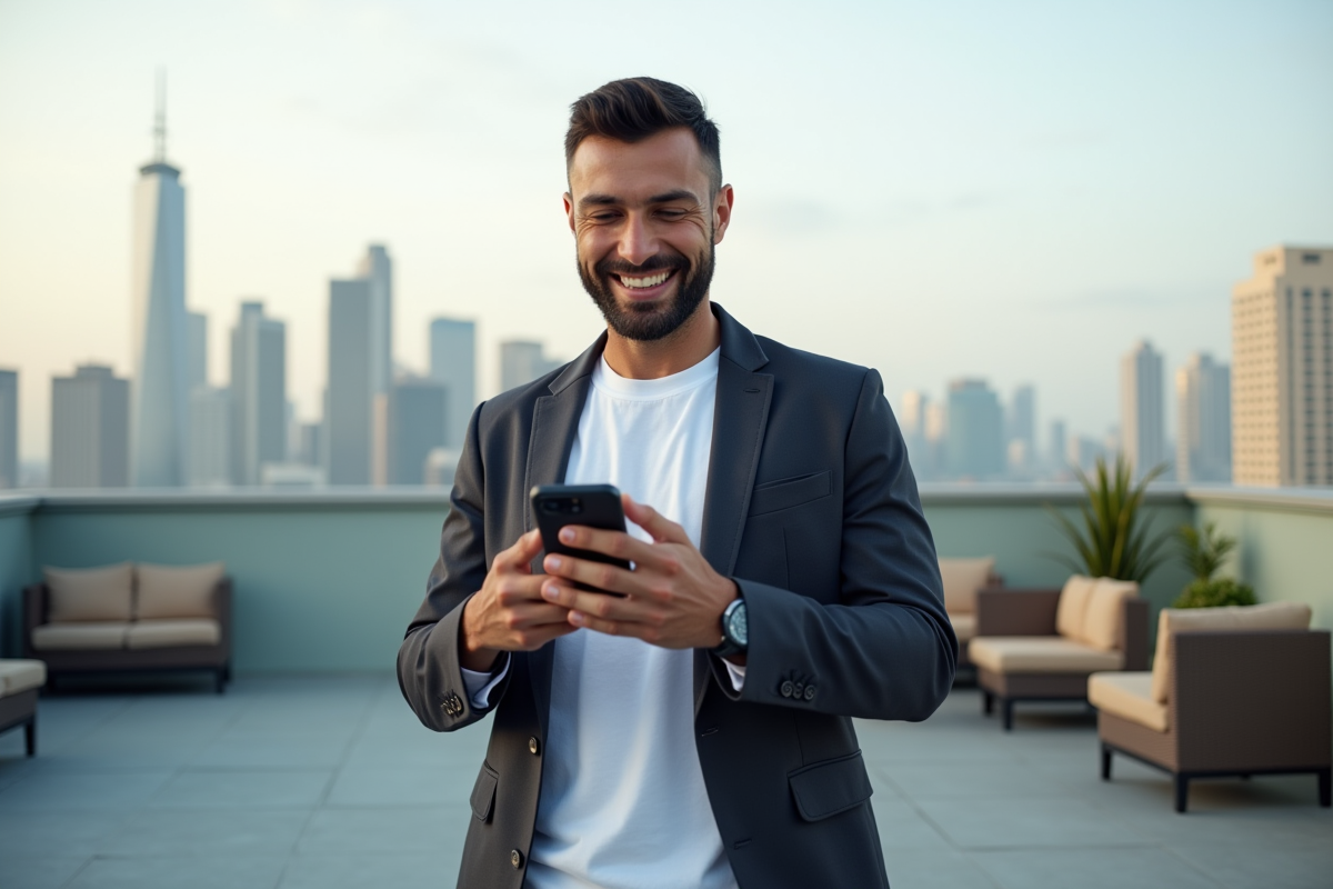 Homme en blazer enregistrant une video sur un rooftop urbain