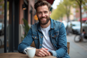 Homme élégant avec barbe au café en ville