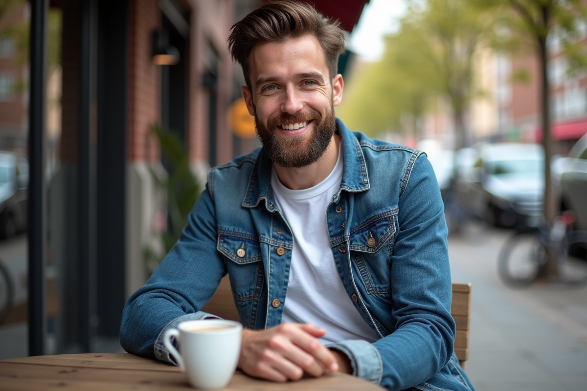 Homme élégant avec barbe au café en ville