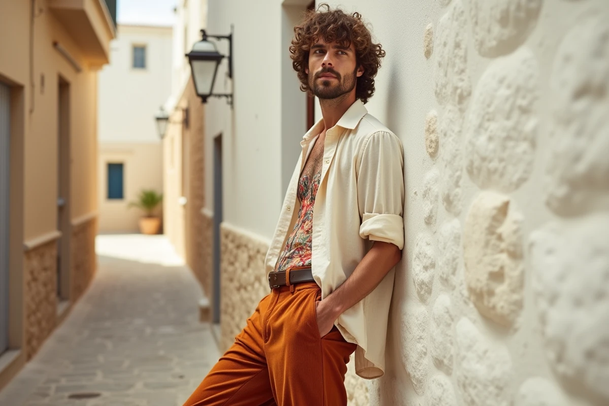 Homme en pantalon pattes d'éléphant velours côtelé orange et chemise brodée bohème dans une ruelle pavée