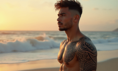 Jeune homme avec tatouages maori sur la plage au lever du soleil