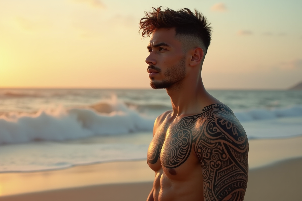 Jeune homme avec tatouages maori sur la plage au lever du soleil