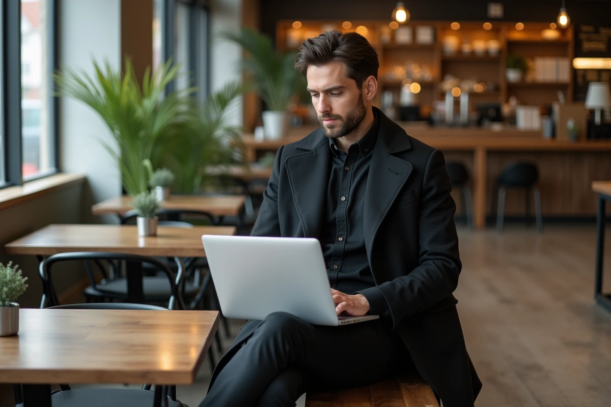 Homme en trench dans un espace coworking moderne