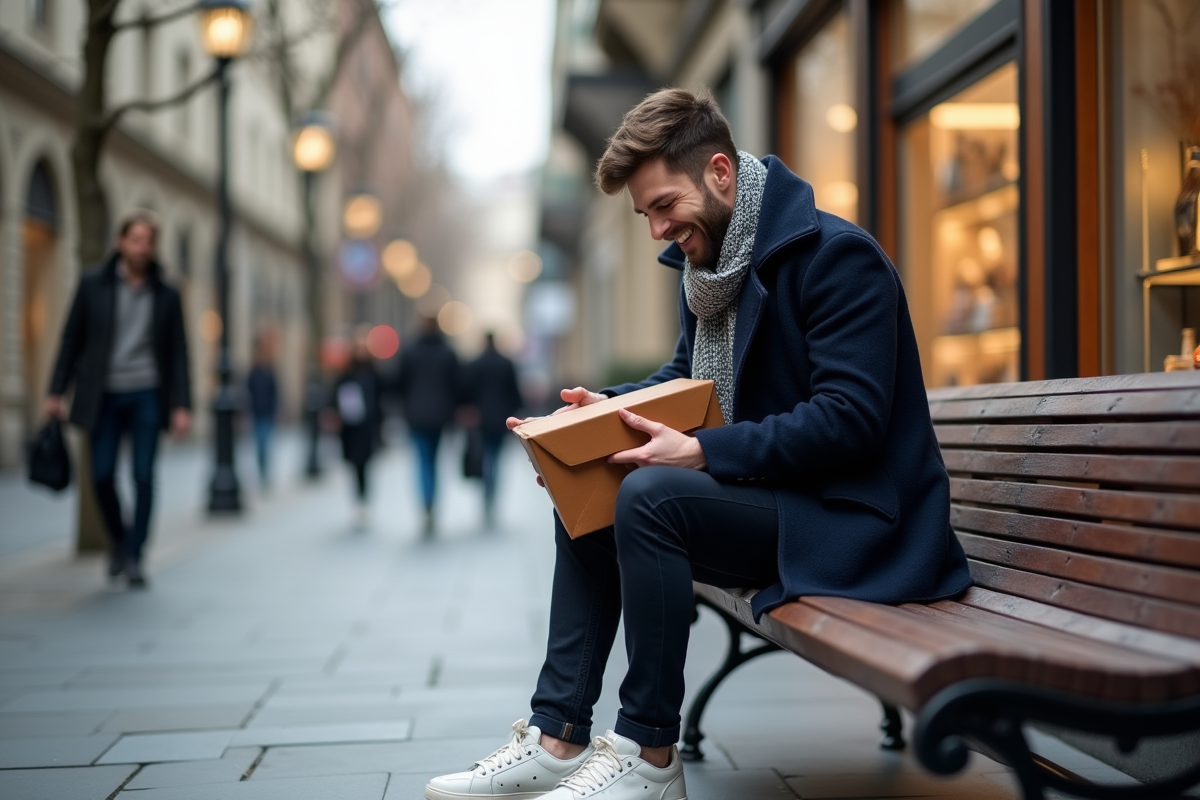 Homme jeune déballant un accessoire en ville