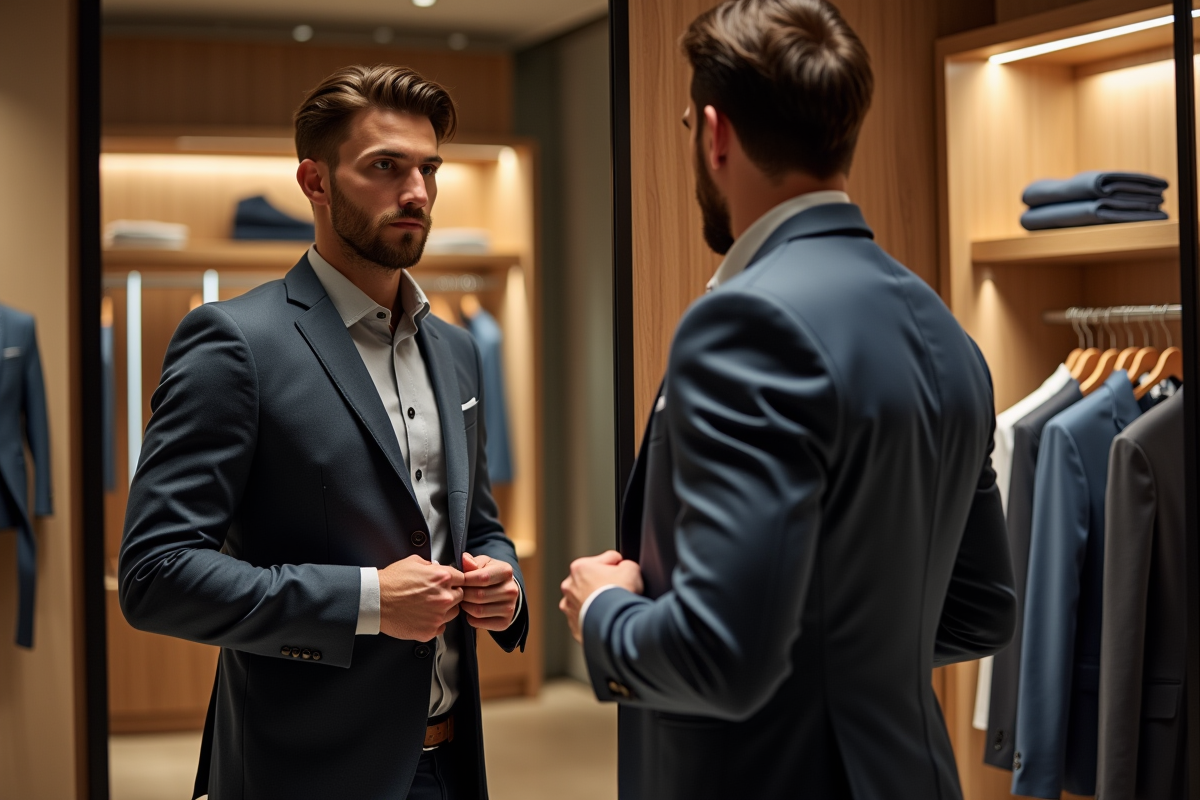 Jeune homme essayant un blazer dans une boutique élégante