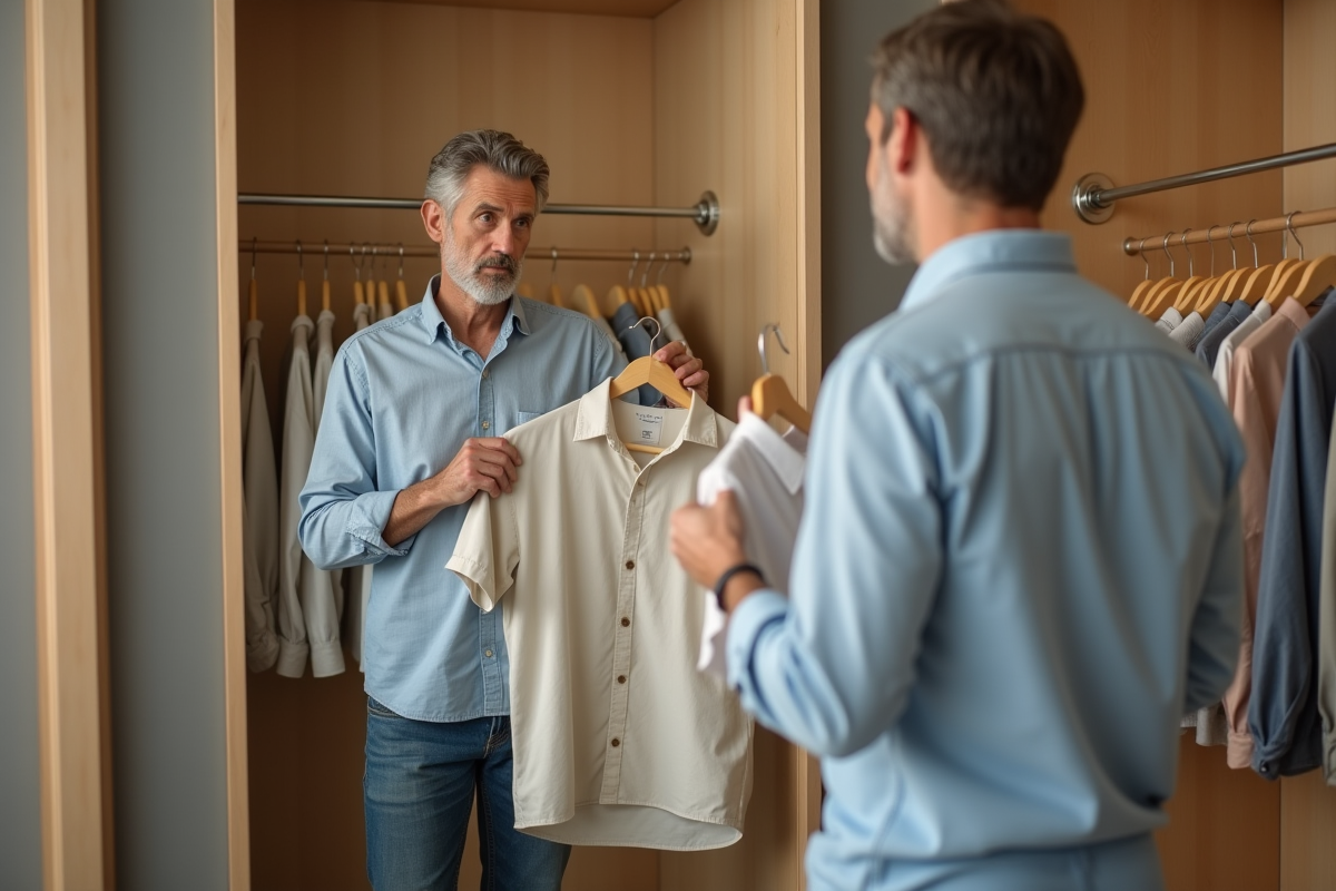 Homme comparant deux chemises dans un dressing lumineux