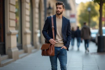 Homme élégant en ville avec sac en cuir et blazer navy