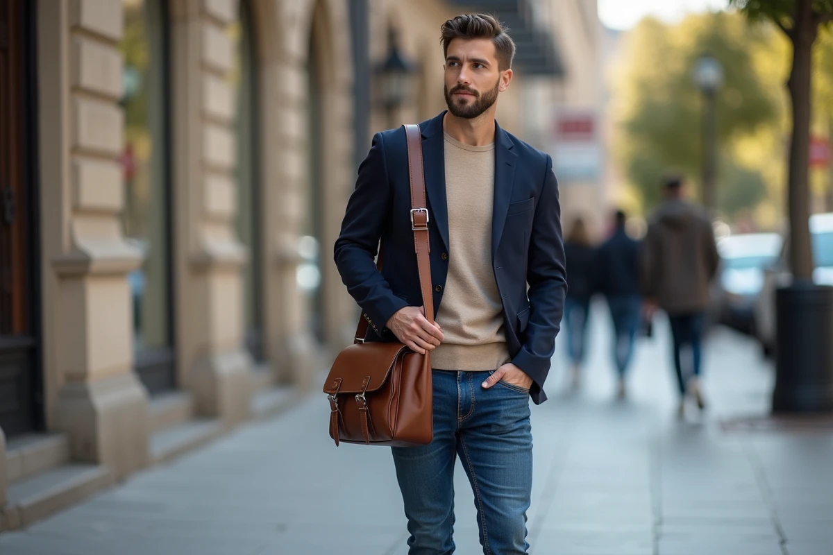 Homme élégant en ville avec sac en cuir et blazer navy