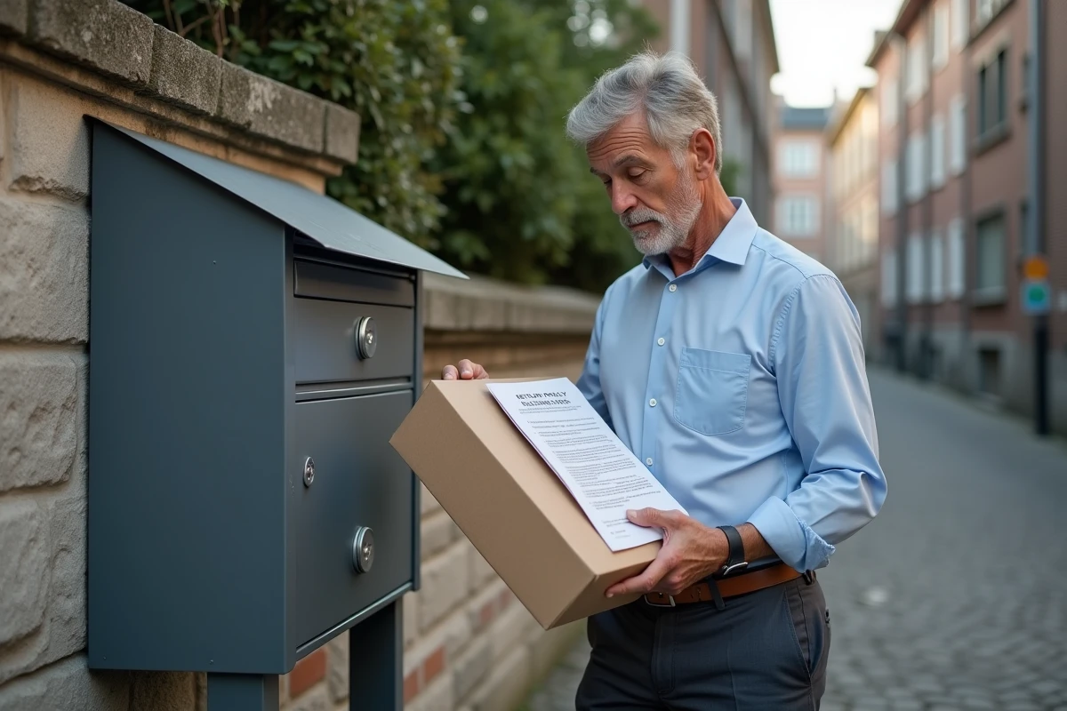 Homme lit une notice de retour devant une boîte aux lettres belge
