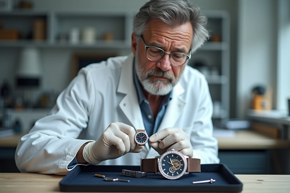 Horloger tenant une montre indépendante face à une montre de luxe suisse sur plateau de velours dans un atelier contemporain