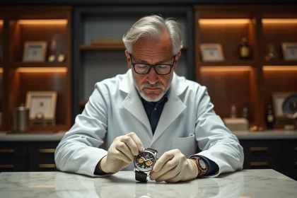 Horloger suisse en atelier examinant le mouvement mécanique d'une montre de luxe Richemont