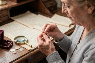 Femme âgée examinant un bijou ancien avec une loupe pour identifier le poinçon d'or lors d'une succession