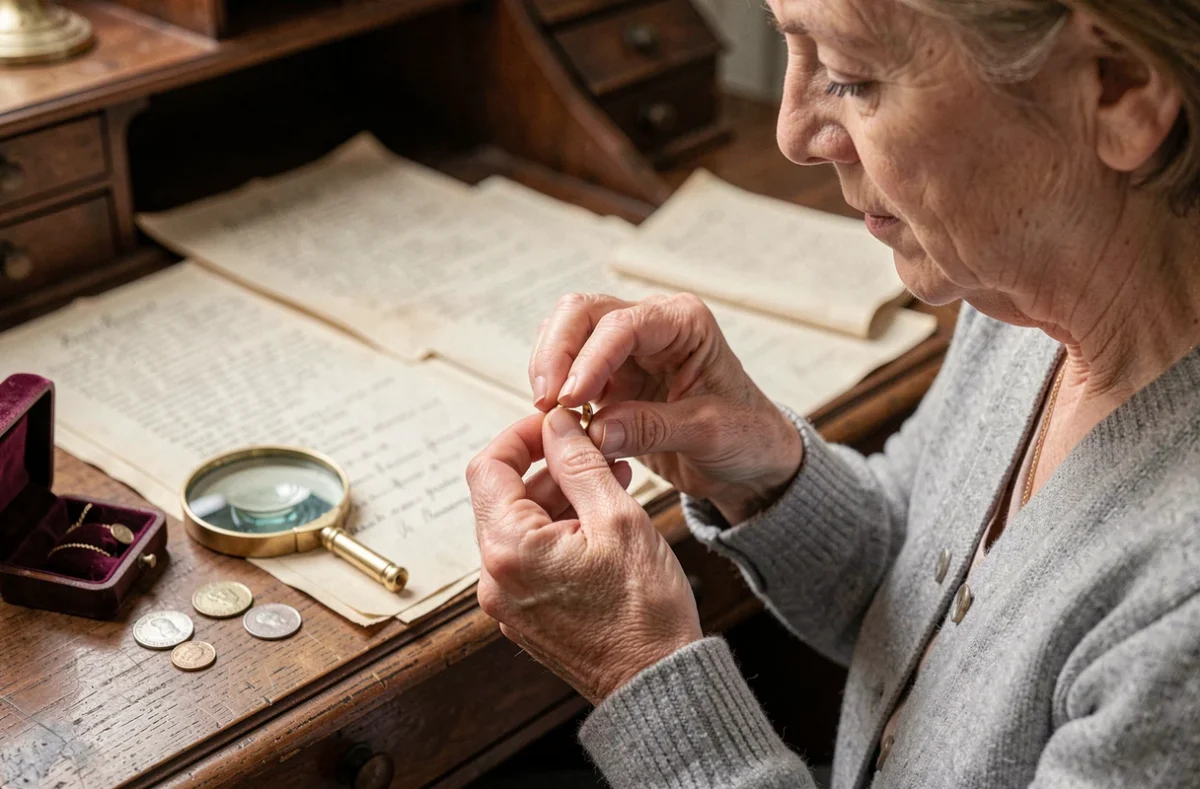 Femme âgée examinant un bijou ancien avec une loupe pour identifier le poinçon d'or lors d'une succession