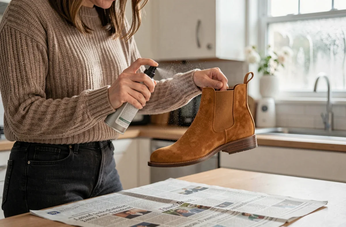 Femme appliquant un spray imperméabilisant sur des bottines Chelsea en daim caramel dans une cuisine, préparation des chaussures en daim pour l'hiver