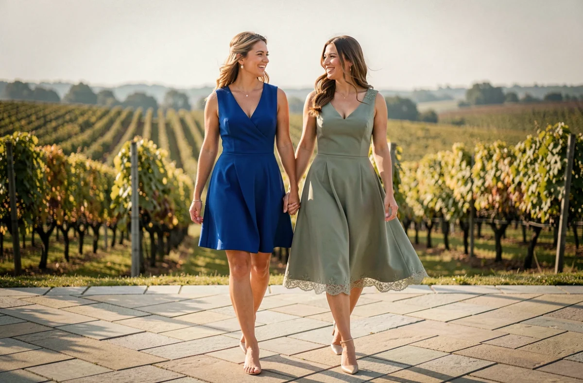 Deux invitées de mariage élégantes en robes courtes bleue et verte marchant sur une terrasse avec vue sur les vignes