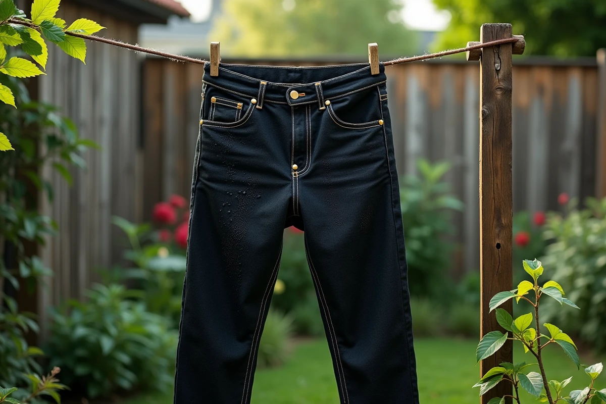 Jean en denim fraîchement teint en noir suspendu à un séchoir en bois dans un jardin, gouttelettes d'eau visibles sur le tissu sombre
